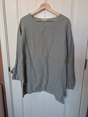 Kleen Relaxed Linen Tunic Blouse 3/4 Sleeved Medium Light Blue/Green